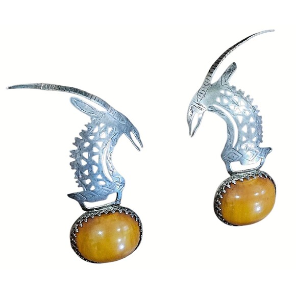 Butterscotch Amber Vintage Earrings 925 Sterling Silver Antelope Ibex Animal - Picture 1 of 6